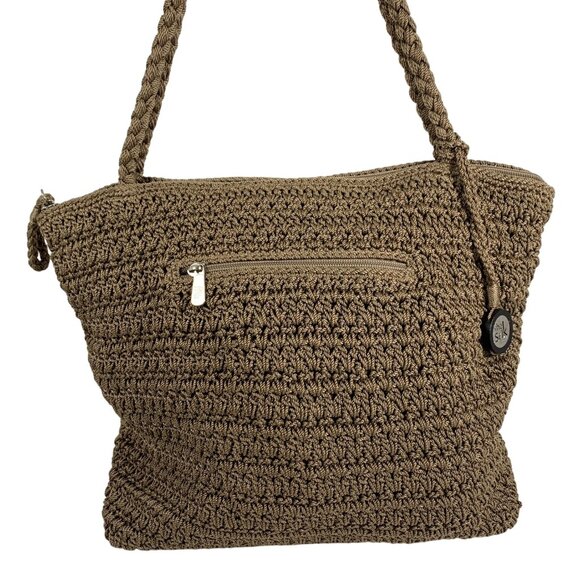 The SAK Beige Crochet Shoulder Bag Zipper Closure Inner Pockets Dividers EUC - Picture 1 of 16